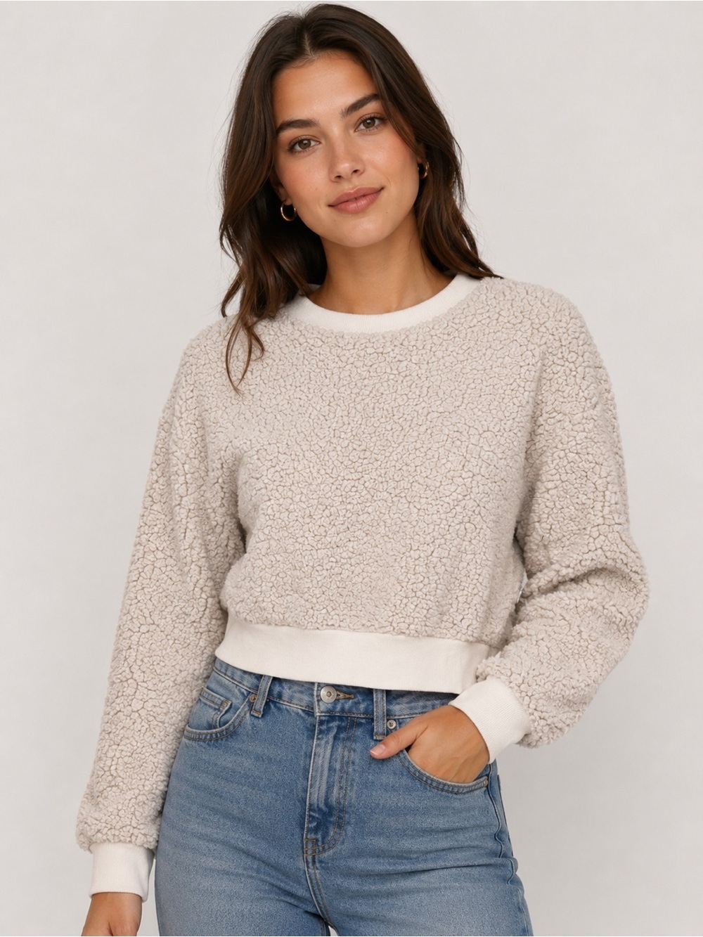 Garage Sherpa Cropped Crewneck Pullover Off White Women’s Medium